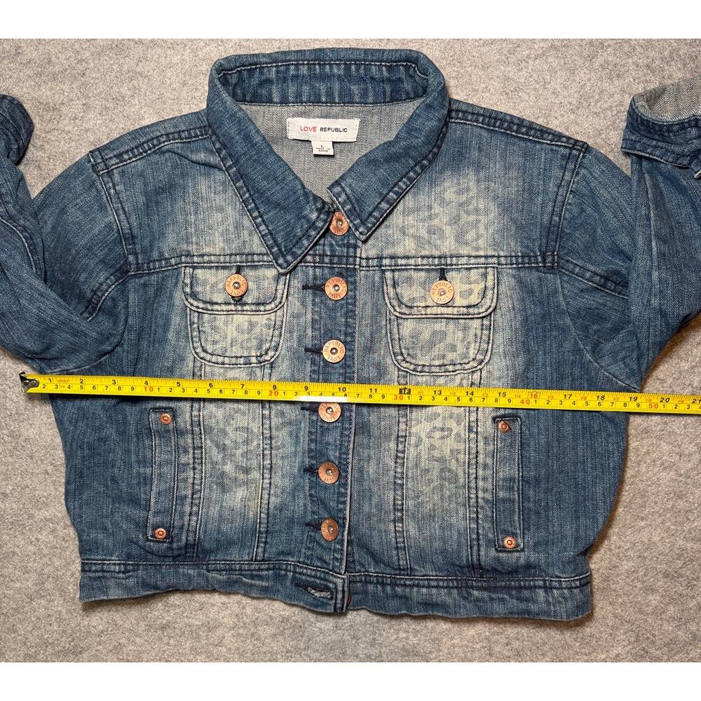 Love Republic Women's Denim Jacket L Casual Blue Leopard Print - Picture 6 of 6